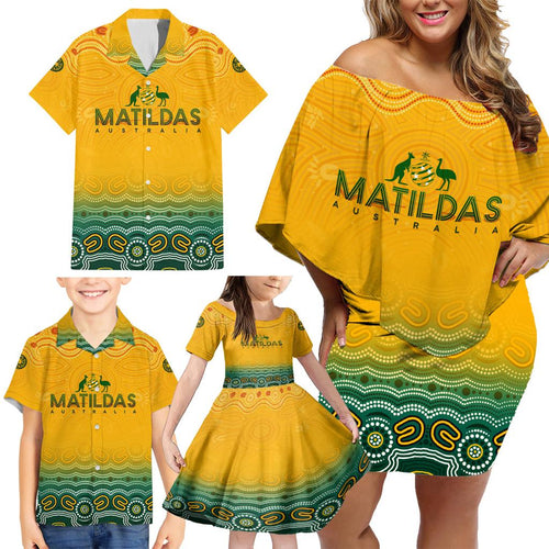 Personalised Australia Matildas Family Matching Off Shoulder Short Dress and Hawaiian Shirt Tillies Aboriginal Simple Yellow