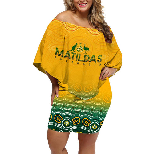 Personalised Australia Matildas Family Matching Off Shoulder Short Dress and Hawaiian Shirt Tillies Aboriginal Simple Yellow