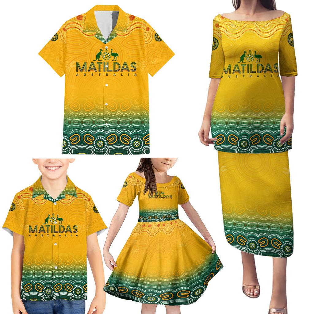Personalised Australia Matildas Family Matching Puletasi and Hawaiian Shirt Tillies Aboriginal Simple Yellow