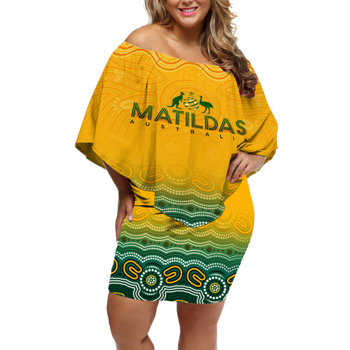 Personalised Australia Matildas Off Shoulder Short Dress Tillies Aboriginal Simple Yellow