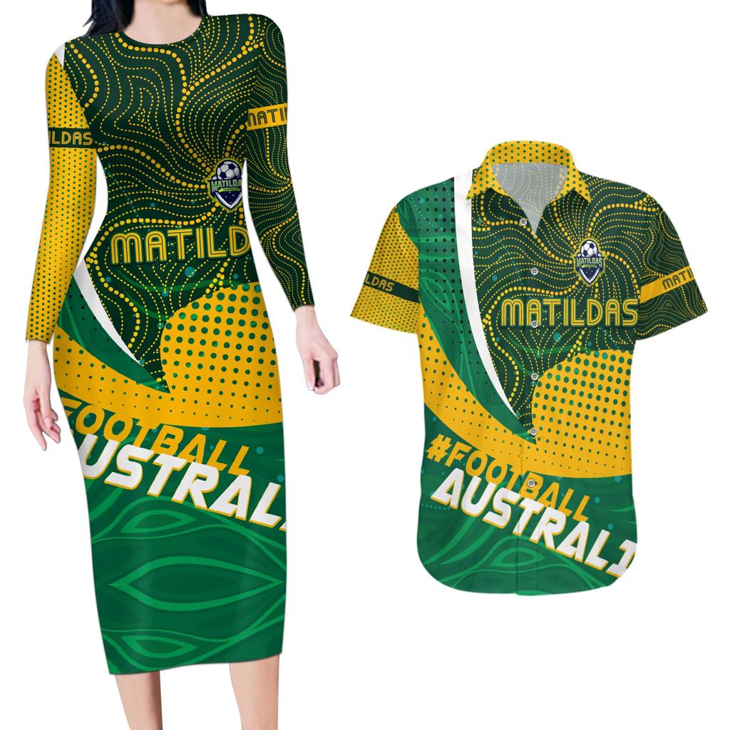 Personalised Matildas Australia Soccer Couples Matching Long Sleeve Bodycon Dress and Hawaiian Shirt Aboriginal Dot Painting