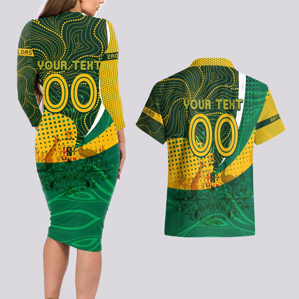 Personalised Matildas Australia Soccer Couples Matching Long Sleeve Bodycon Dress and Hawaiian Shirt Aboriginal Dot Painting