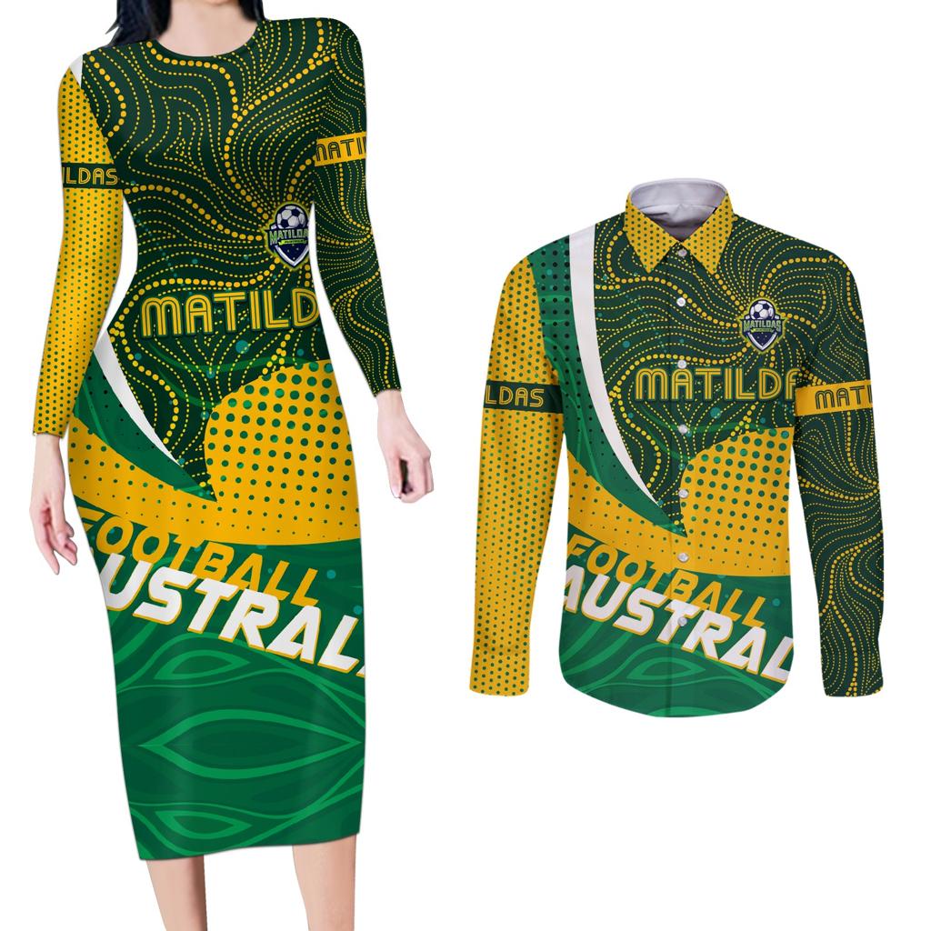 Personalised Matildas Australia Soccer Couples Matching Long Sleeve Bodycon Dress and Long Sleeve Button Shirt Aboriginal Dot Painting