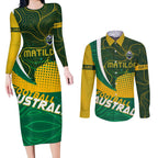 Personalised Matildas Australia Soccer Couples Matching Long Sleeve Bodycon Dress and Long Sleeve Button Shirt Aboriginal Dot Painting
