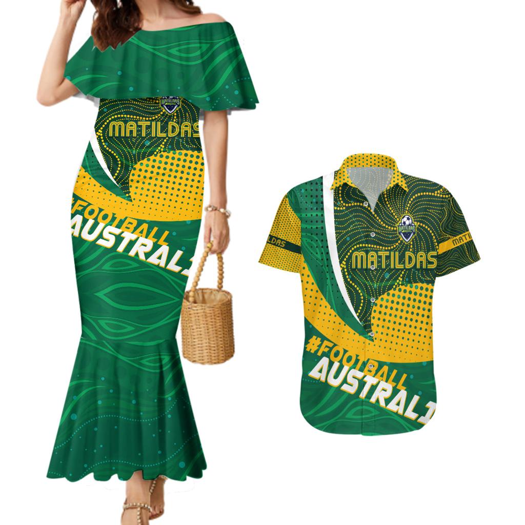 Personalised Matildas Australia Soccer Couples Matching Mermaid Dress and Hawaiian Shirt Aboriginal Dot Painting