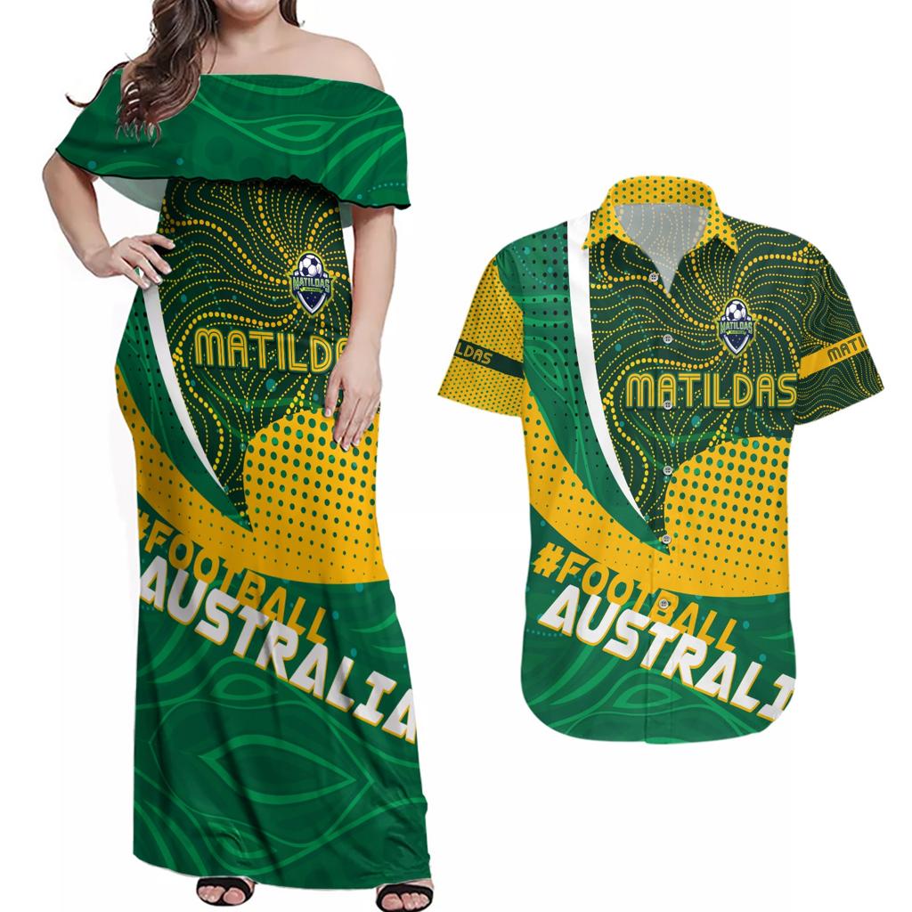 Personalised Matildas Australia Soccer Couples Matching Off Shoulder Maxi Dress and Hawaiian Shirt Aboriginal Dot Painting