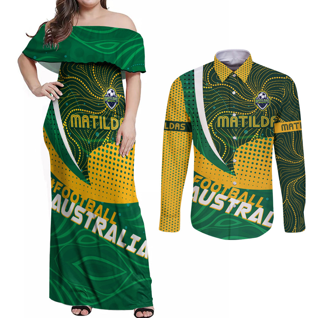 Personalised Matildas Australia Soccer Couples Matching Off Shoulder Maxi Dress and Long Sleeve Button Shirt Aboriginal Dot Painting