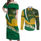 Personalised Matildas Australia Soccer Couples Matching Off Shoulder Maxi Dress and Long Sleeve Button Shirt Aboriginal Dot Painting