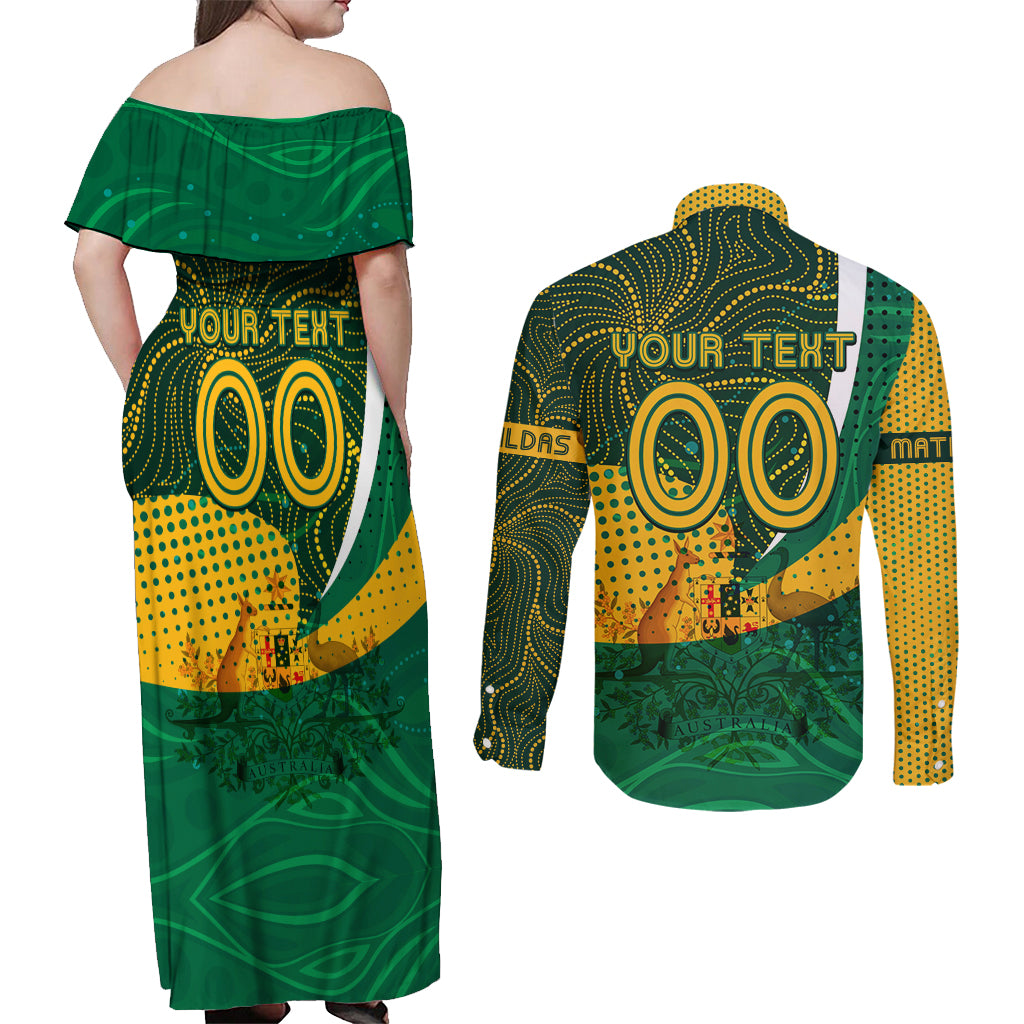 Personalised Matildas Australia Soccer Couples Matching Off Shoulder Maxi Dress and Long Sleeve Button Shirt Aboriginal Dot Painting