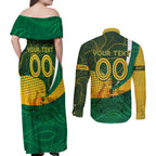 Personalised Matildas Australia Soccer Couples Matching Off Shoulder Maxi Dress and Long Sleeve Button Shirt Aboriginal Dot Painting