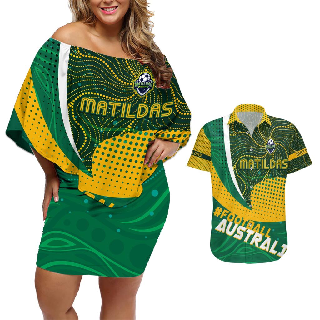 Personalised Matildas Australia Soccer Couples Matching Off Shoulder Short Dress and Hawaiian Shirt Aboriginal Dot Painting