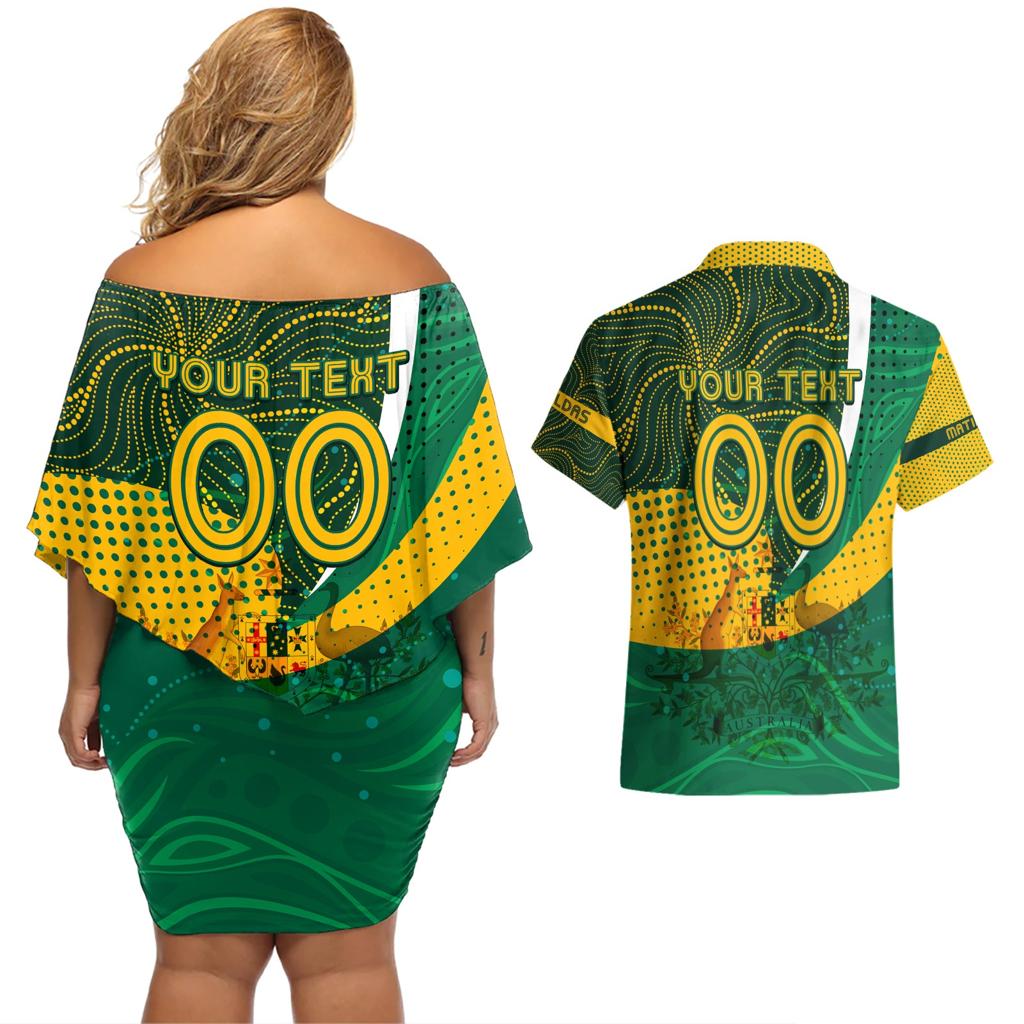 Personalised Matildas Australia Soccer Couples Matching Off Shoulder Short Dress and Hawaiian Shirt Aboriginal Dot Painting