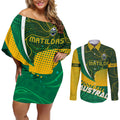 Personalised Matildas Australia Soccer Couples Matching Off Shoulder Short Dress and Long Sleeve Button Shirt Aboriginal Dot Painting