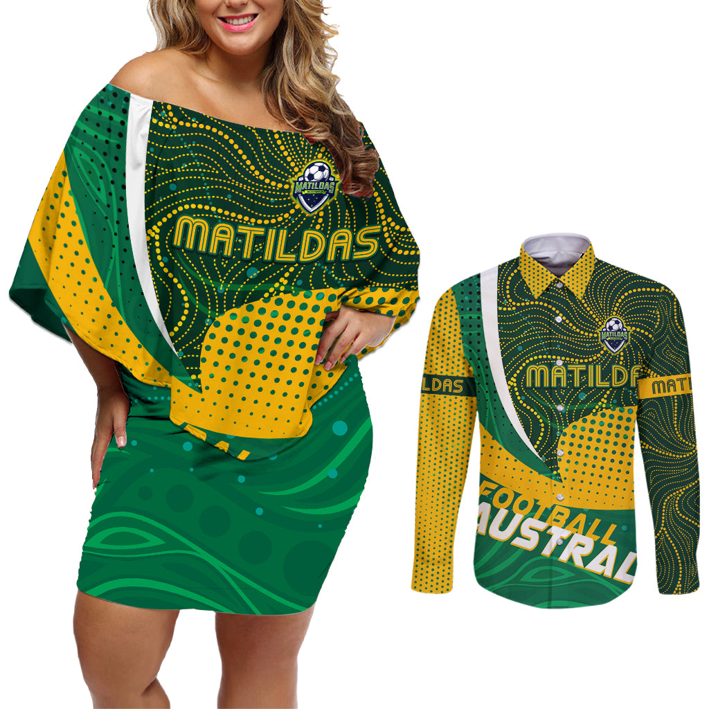 Personalised Matildas Australia Soccer Couples Matching Off Shoulder Short Dress and Long Sleeve Button Shirt Aboriginal Dot Painting