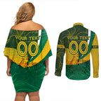 Personalised Matildas Australia Soccer Couples Matching Off Shoulder Short Dress and Long Sleeve Button Shirt Aboriginal Dot Painting