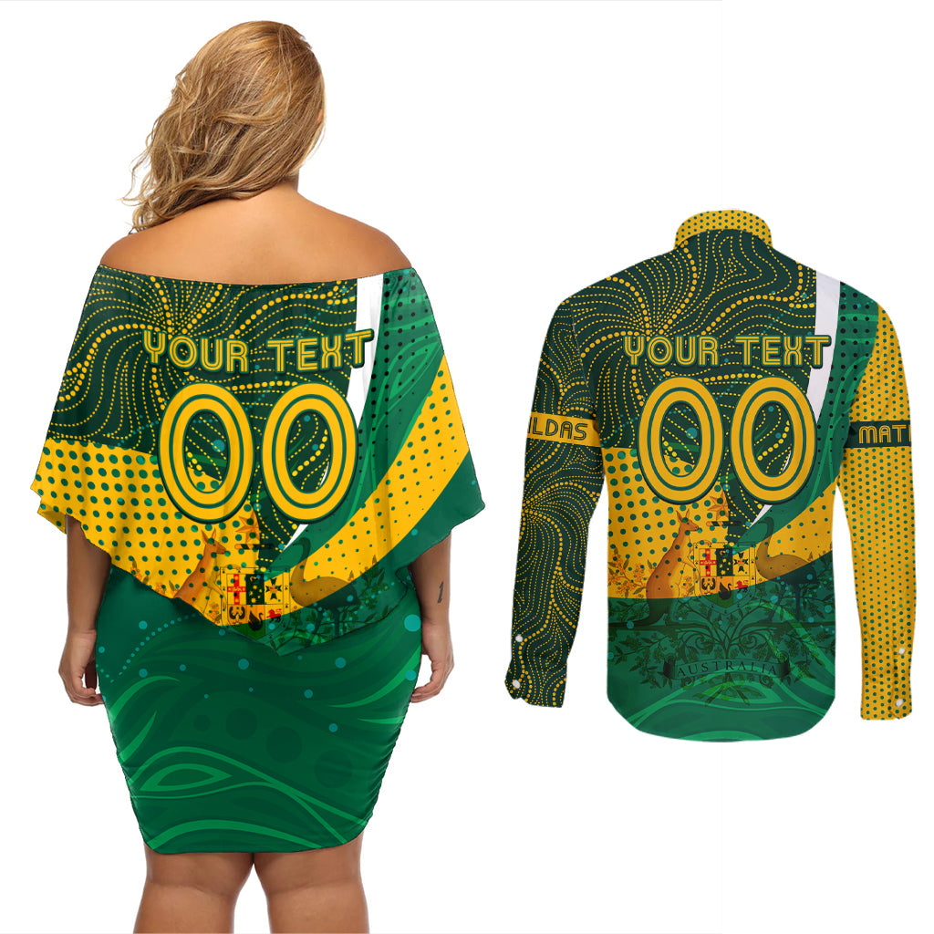 Personalised Matildas Australia Soccer Couples Matching Off Shoulder Short Dress and Long Sleeve Button Shirt Aboriginal Dot Painting