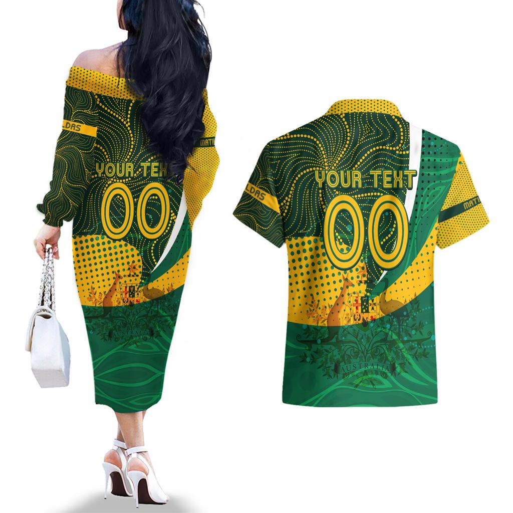 Personalised Matildas Australia Soccer Couples Matching Off The Shoulder Long Sleeve Dress and Hawaiian Shirt Aboriginal Dot Painting