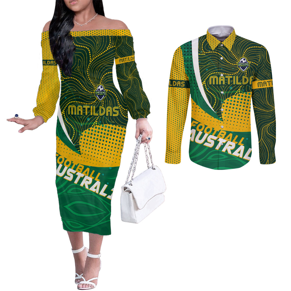 Personalised Matildas Australia Soccer Couples Matching Off The Shoulder Long Sleeve Dress and Long Sleeve Button Shirt Aboriginal Dot Painting
