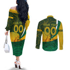 Personalised Matildas Australia Soccer Couples Matching Off The Shoulder Long Sleeve Dress and Long Sleeve Button Shirt Aboriginal Dot Painting