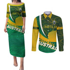 Personalised Matildas Australia Soccer Couples Matching Puletasi and Long Sleeve Button Shirt Aboriginal Dot Painting