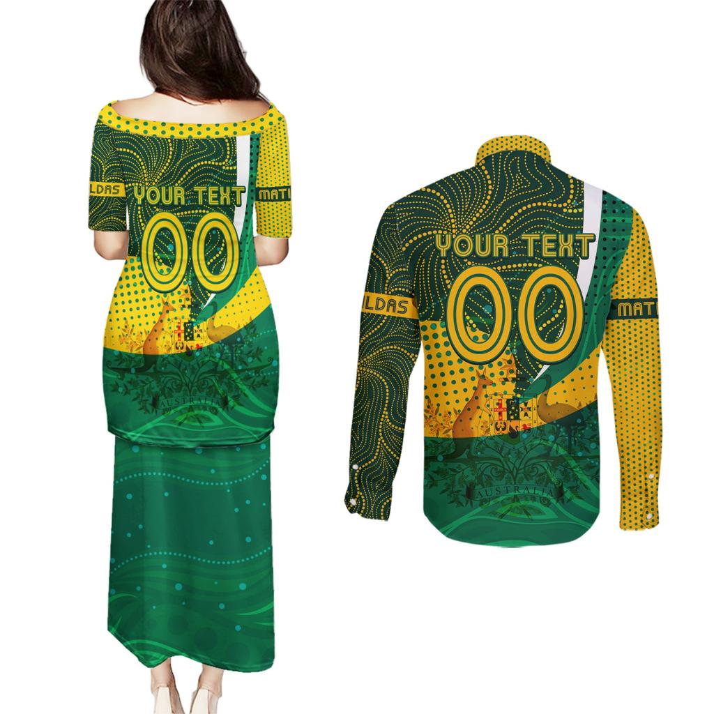 Personalised Matildas Australia Soccer Couples Matching Puletasi and Long Sleeve Button Shirt Aboriginal Dot Painting