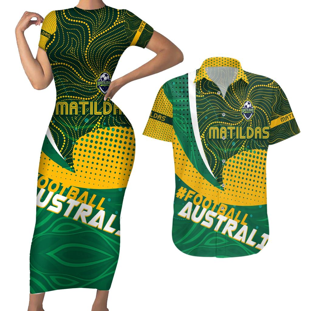 Personalised Matildas Australia Soccer Couples Matching Short Sleeve Bodycon Dress and Hawaiian Shirt Aboriginal Dot Painting