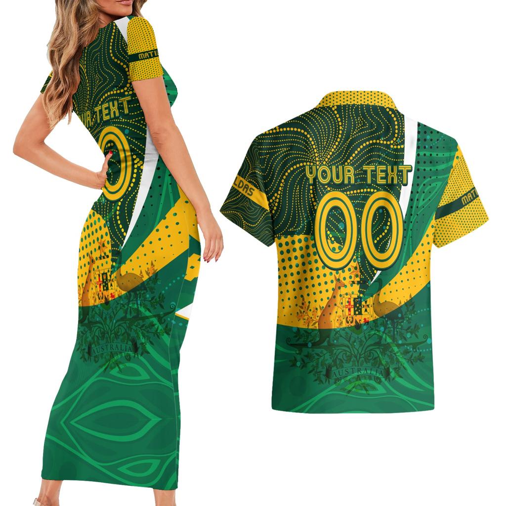 Personalised Matildas Australia Soccer Couples Matching Short Sleeve Bodycon Dress and Hawaiian Shirt Aboriginal Dot Painting