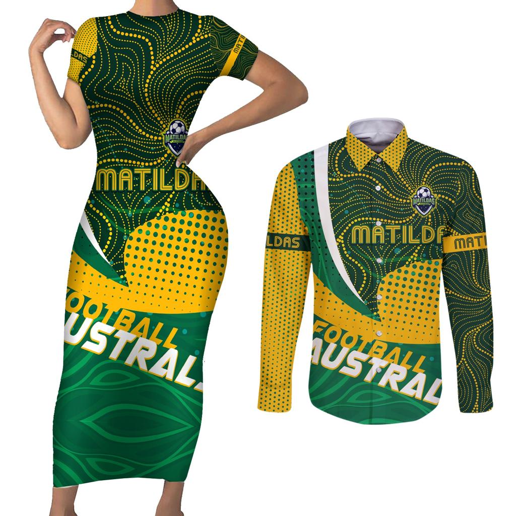 Personalised Matildas Australia Soccer Couples Matching Short Sleeve Bodycon Dress and Long Sleeve Button Shirt Aboriginal Dot Painting