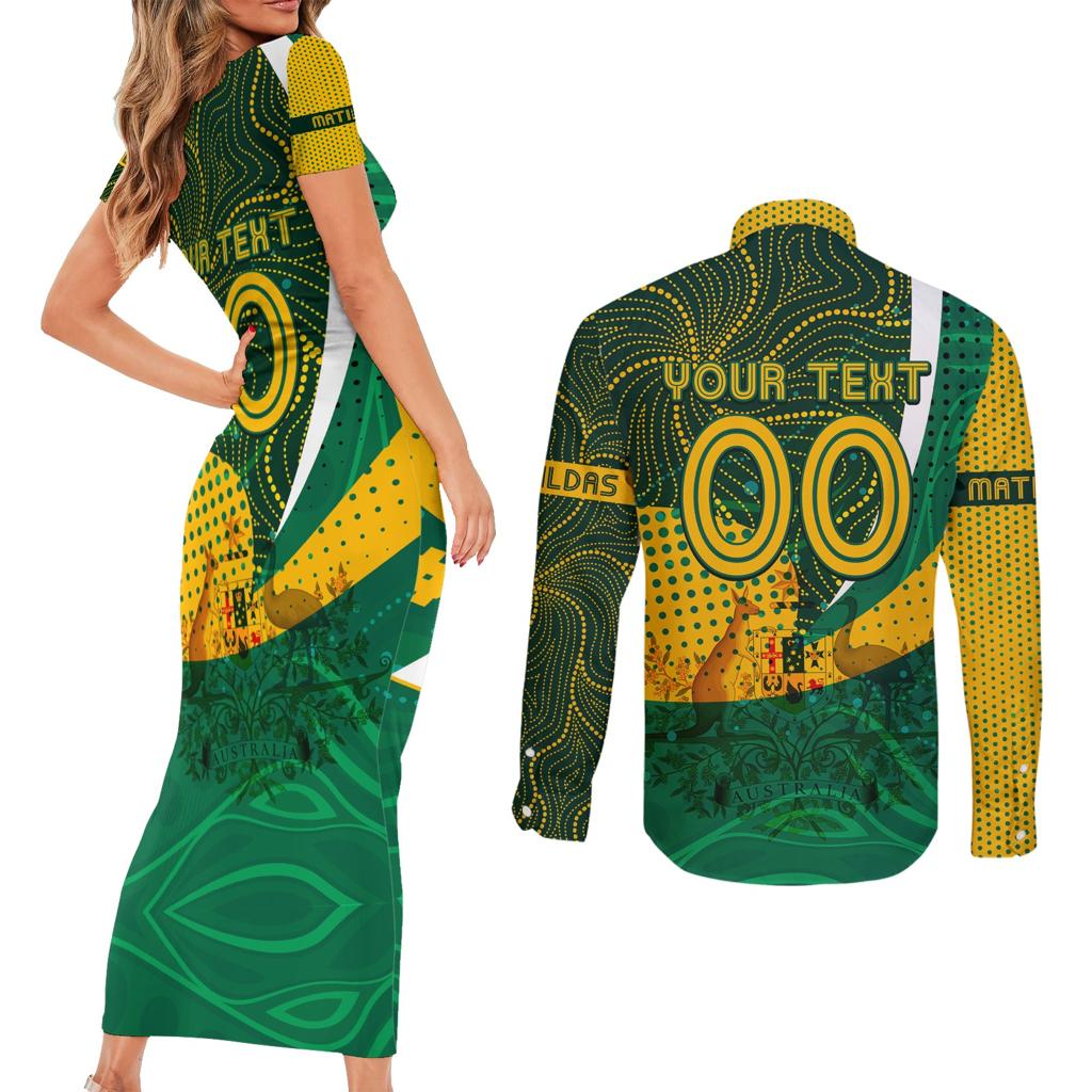 Personalised Matildas Australia Soccer Couples Matching Short Sleeve Bodycon Dress and Long Sleeve Button Shirt Aboriginal Dot Painting