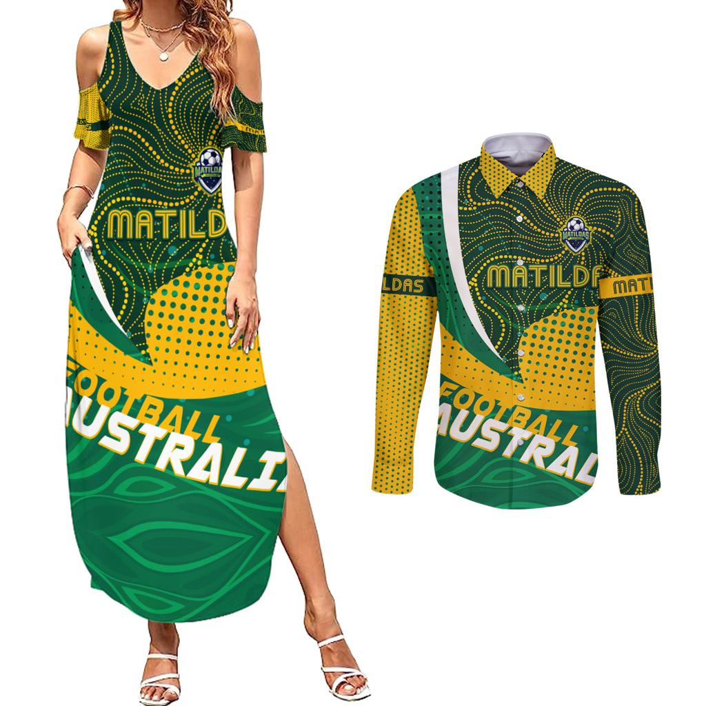 Personalised Matildas Australia Soccer Couples Matching Summer Maxi Dress and Long Sleeve Button Shirt Aboriginal Dot Painting