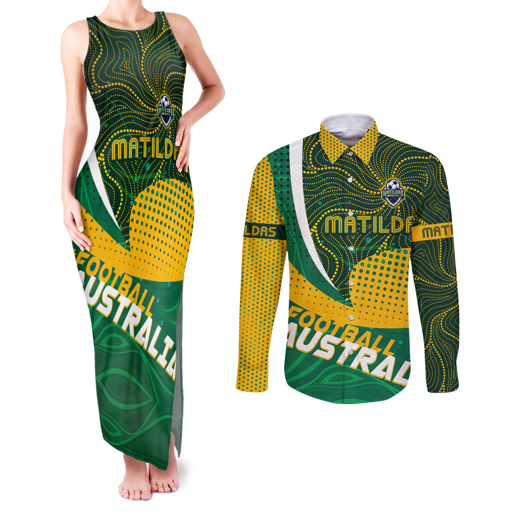 Personalised Matildas Australia Soccer Couples Matching Tank Maxi Dress and Long Sleeve Button Shirt Aboriginal Dot Painting