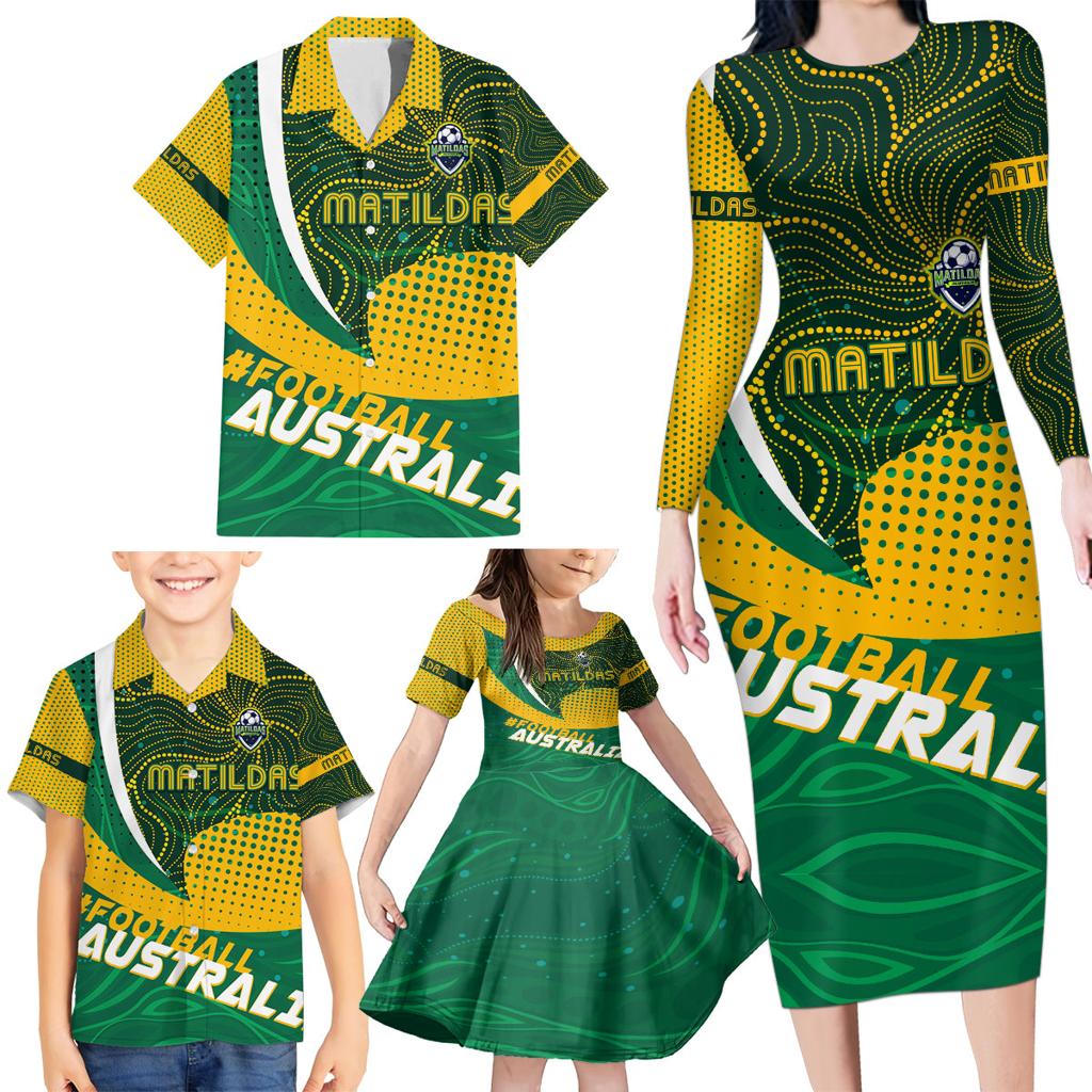 Personalised Matildas Australia Soccer Family Matching Long Sleeve Bodycon Dress and Hawaiian Shirt Aboriginal Dot Painting