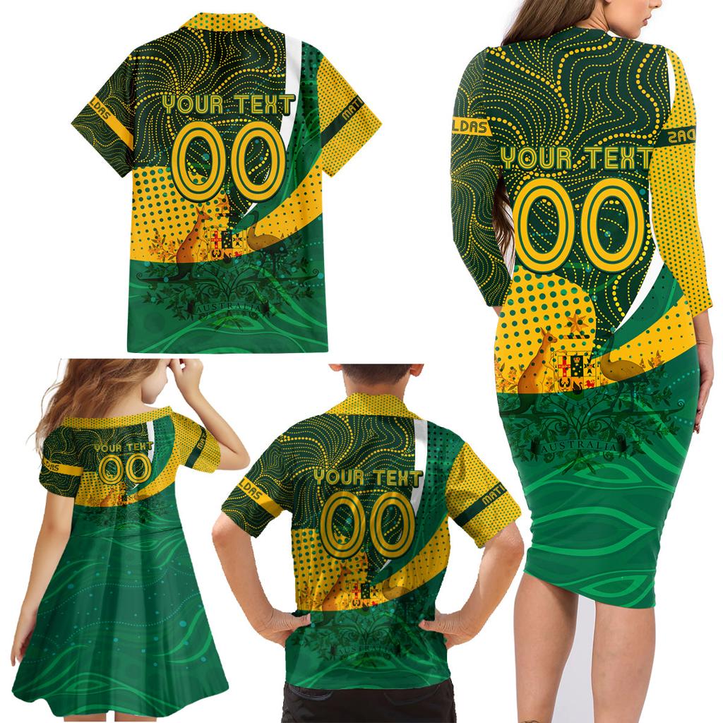 Personalised Matildas Australia Soccer Family Matching Long Sleeve Bodycon Dress and Hawaiian Shirt Aboriginal Dot Painting