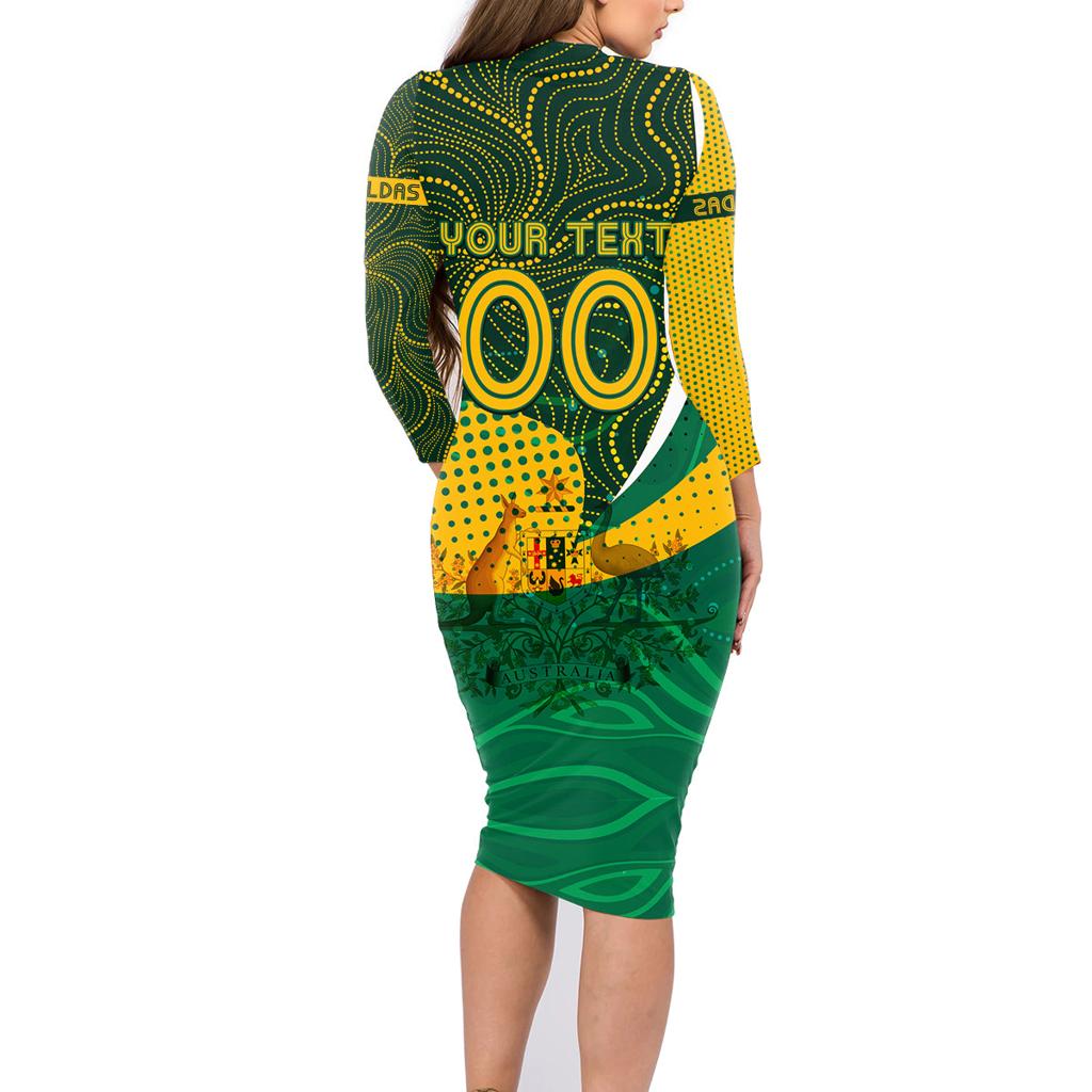 Personalised Matildas Australia Soccer Family Matching Long Sleeve Bodycon Dress and Hawaiian Shirt Aboriginal Dot Painting