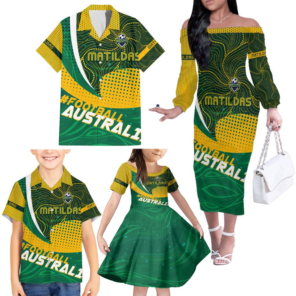 Personalised Matildas Australia Soccer Family Matching Off The Shoulder Long Sleeve Dress and Hawaiian Shirt Aboriginal Dot Painting