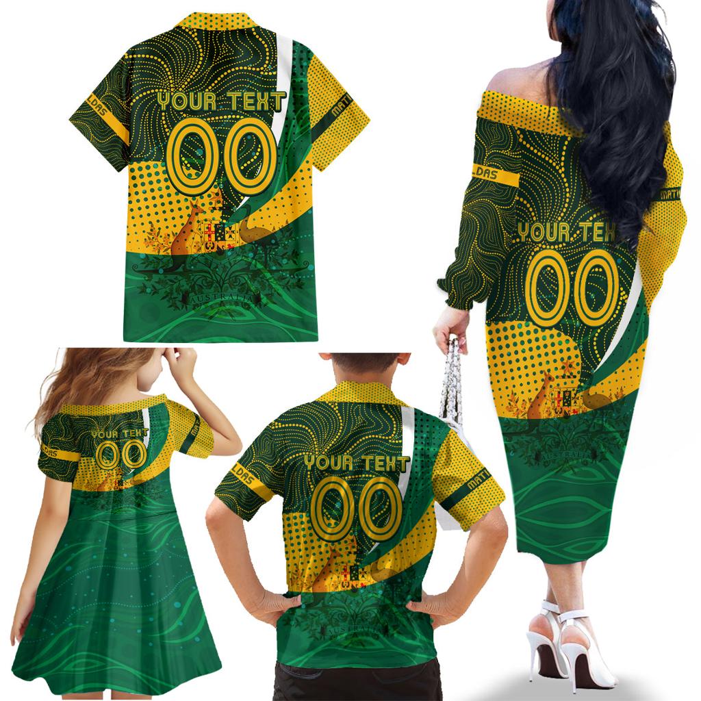Personalised Matildas Australia Soccer Family Matching Off The Shoulder Long Sleeve Dress and Hawaiian Shirt Aboriginal Dot Painting