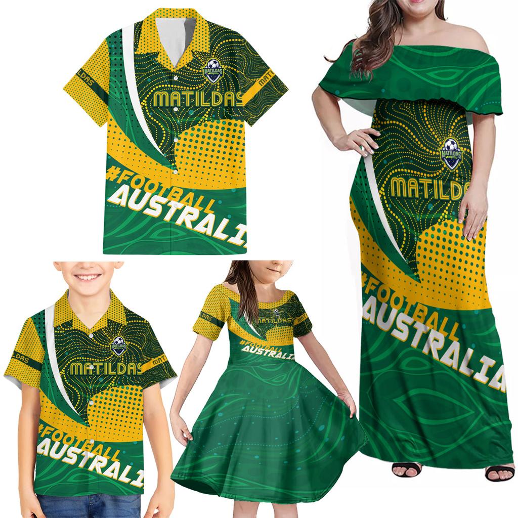 Personalised Matildas Australia Soccer Family Matching Off Shoulder Maxi Dress and Hawaiian Shirt Aboriginal Dot Painting