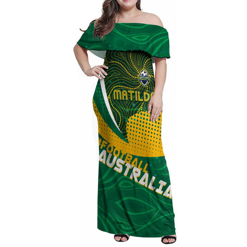 Personalised Matildas Australia Soccer Family Matching Off Shoulder Maxi Dress and Hawaiian Shirt Aboriginal Dot Painting
