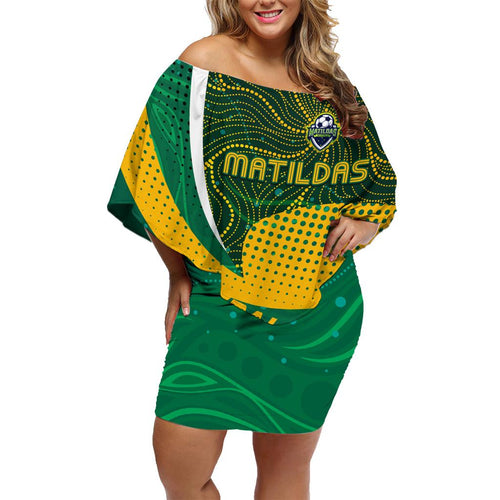 Personalised Matildas Australia Soccer Family Matching Off Shoulder Short Dress and Hawaiian Shirt Aboriginal Dot Painting