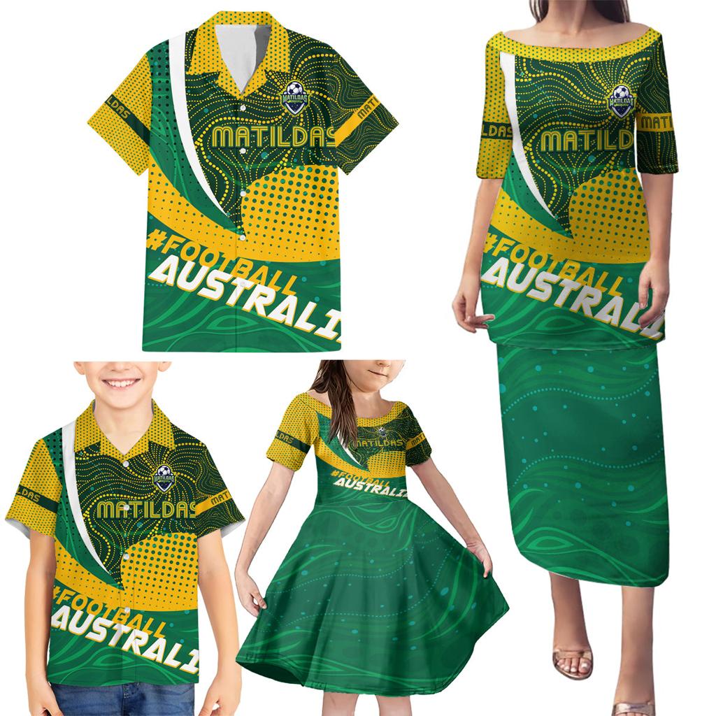 Personalised Matildas Australia Soccer Family Matching Puletasi and Hawaiian Shirt Aboriginal Dot Painting