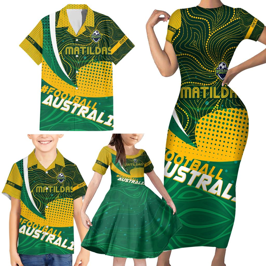Personalised Matildas Australia Soccer Family Matching Short Sleeve Bodycon Dress and Hawaiian Shirt Aboriginal Dot Painting