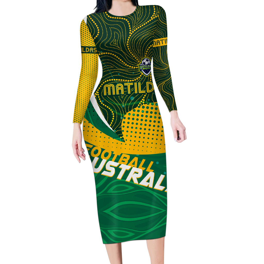 Personalised Matildas Australia Soccer Long Sleeve Bodycon Dress Aboriginal Dot Painting