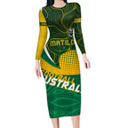 Personalised Matildas Australia Soccer Long Sleeve Bodycon Dress Aboriginal Dot Painting