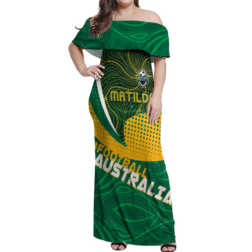 Personalised Matildas Australia Soccer Off Shoulder Maxi Dress Aboriginal Dot Painting