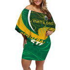 Personalised Matildas Australia Soccer Off Shoulder Short Dress Aboriginal Dot Painting