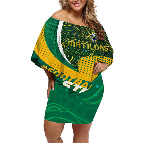 Personalised Matildas Australia Soccer Off Shoulder Short Dress Aboriginal Dot Painting