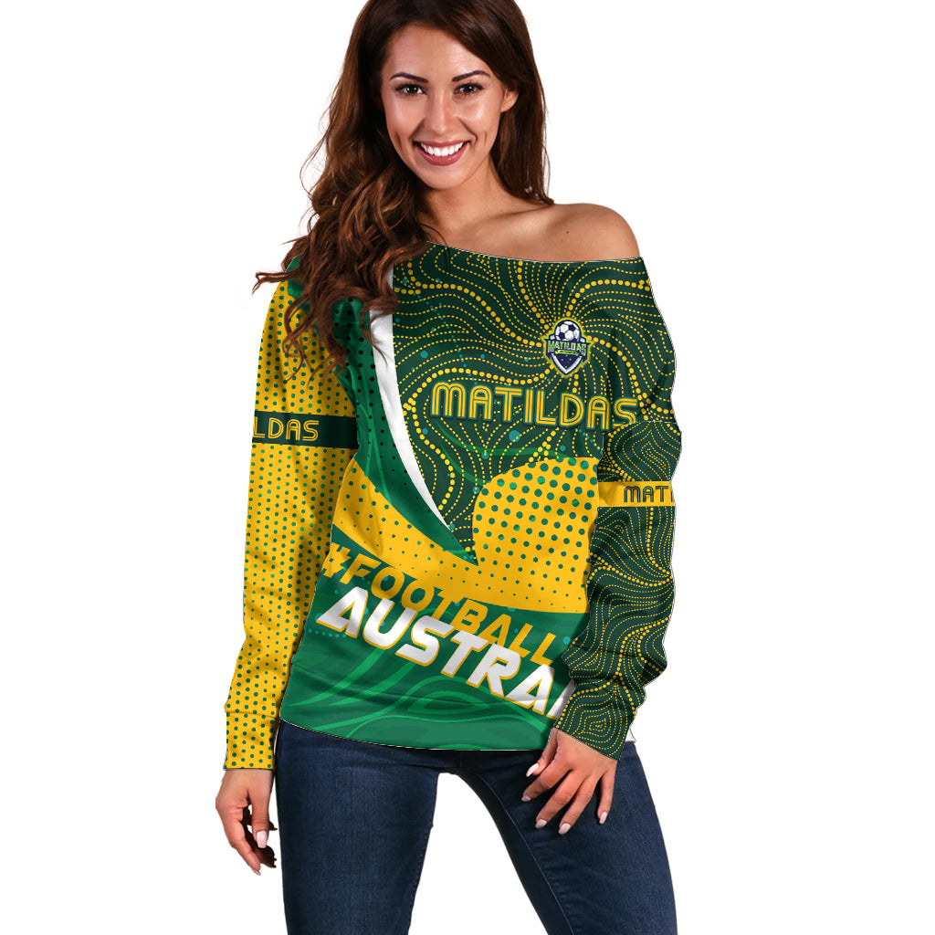 Personalised Matildas Australia Soccer Off Shoulder Sweater Aboriginal Dot Painting