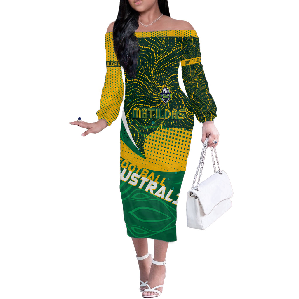 Personalised Matildas Australia Soccer Off The Shoulder Long Sleeve Dress Aboriginal Dot Painting