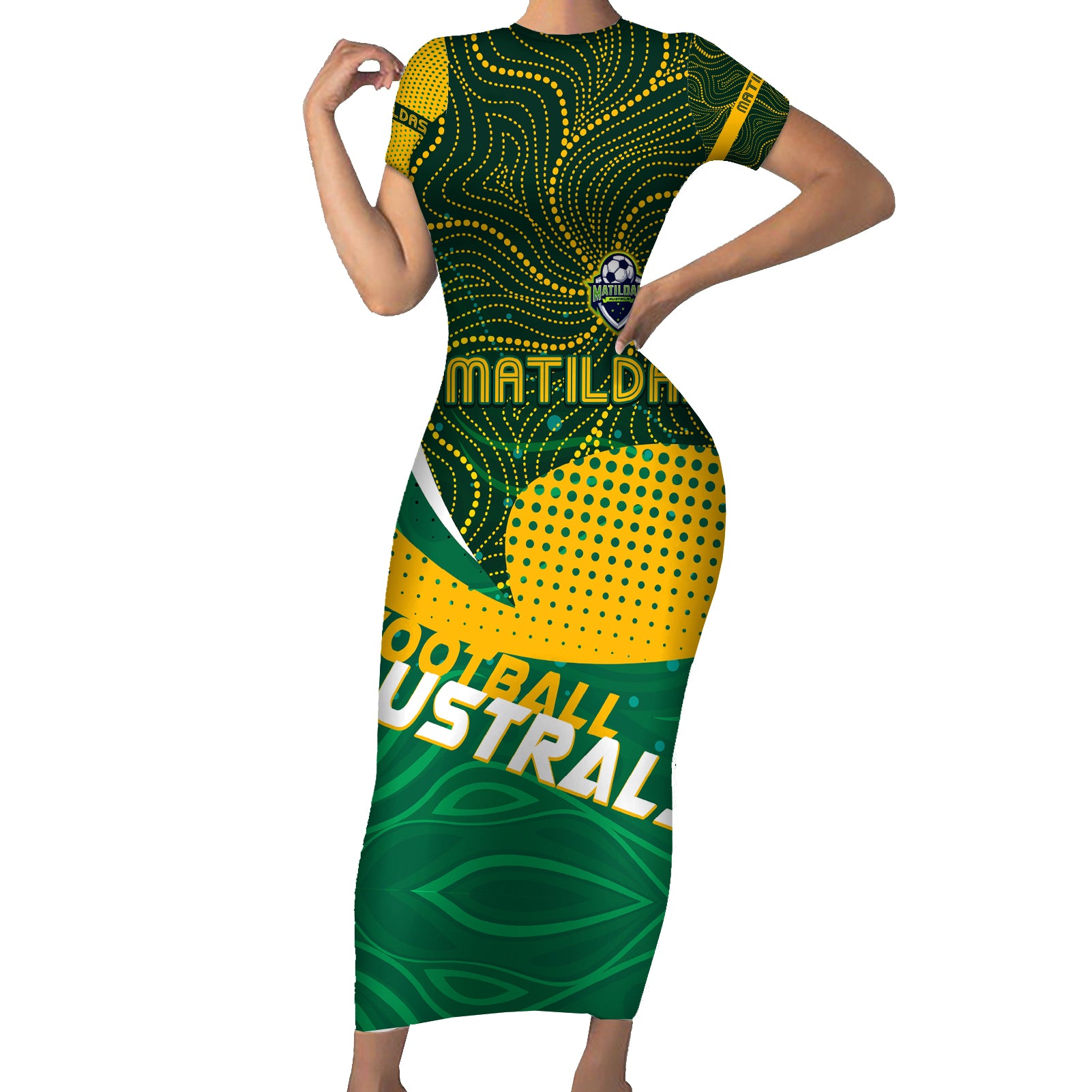 Personalised Matildas Australia Soccer Short Sleeve Bodycon Dress Aboriginal Dot Painting