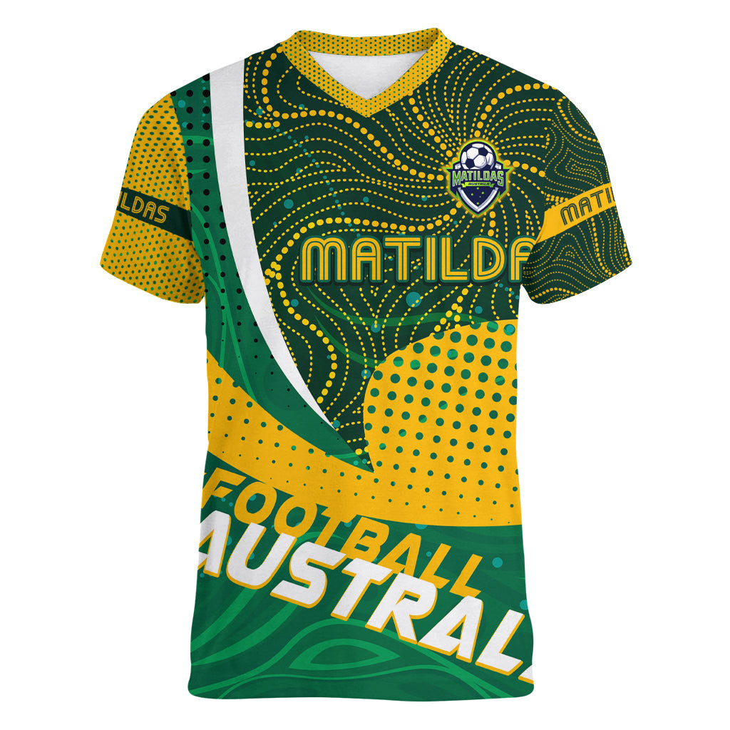 Personalised Matildas Australia Soccer Women V-Neck T-Shirt Aboriginal Dot Painting